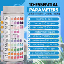 Load image into Gallery viewer, 11 in 1 Aquarium Test Strips - Fish Tank Water Testing Kit with Ammonia Test Strips for Fish Tank (150 Strips) &amp; eBook | Includes 50 Ammonia Strips, Thermometer, &amp; Test Kit for Ponds &amp; All Fish Tanks
