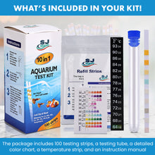 Load image into Gallery viewer, Aquarium Test Strips – 10 in 1 Fish Tank Water Testing Kit &amp; eBook - 100 Fast &amp; Accurate Fish Tank Test Strips &amp; Fish Tank Thermometer - Pond Water Test Kit - Freshwater &amp; Saltwater Fish Tanks
