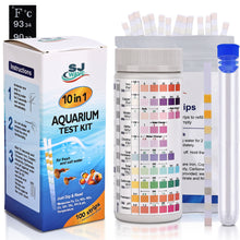 Load image into Gallery viewer, Aquarium Test Strips – 10 in 1 Fish Tank Water Testing Kit &amp; eBook - 100 Fast &amp; Accurate Fish Tank Test Strips &amp; Fish Tank Thermometer - Pond Water Test Kit - Freshwater &amp; Saltwater Fish Tanks
